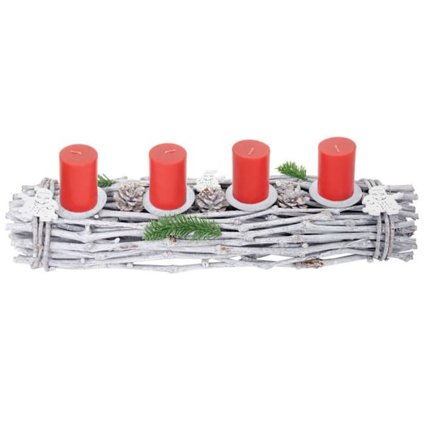 Förlängd adventskrans juldekoration i trä 60 x 16 x 9 vit-grå med röda ljus