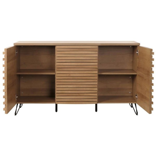 Buffet, jossa on 2 ovea, 4 säilytysosaa ja 3 laatikkoa, massiivipuusta mangoa ja metallia, 85x142x44 cm 04_0006001 kastanj