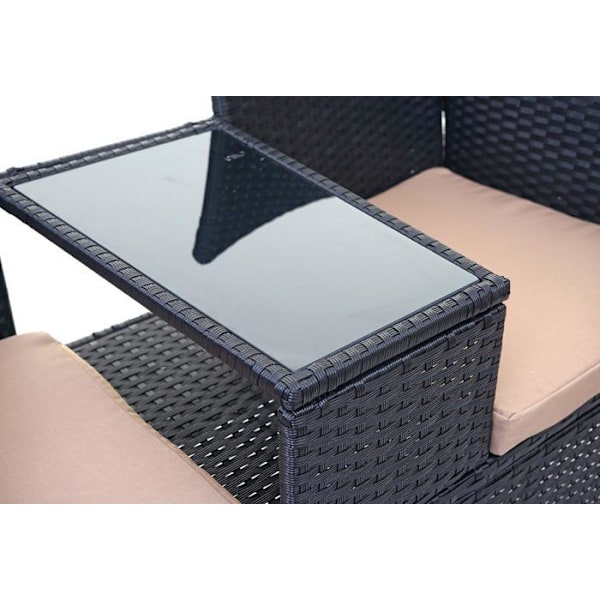 Banc i polyrotin med bord, stole og haveretter 132 sort, cremefarvet pude
