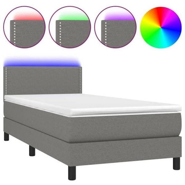 LED-sänkyrunko tummanharmaalla kankaalla varustetulla sängynpäällä, patja 90 x 190. Mörkgrå