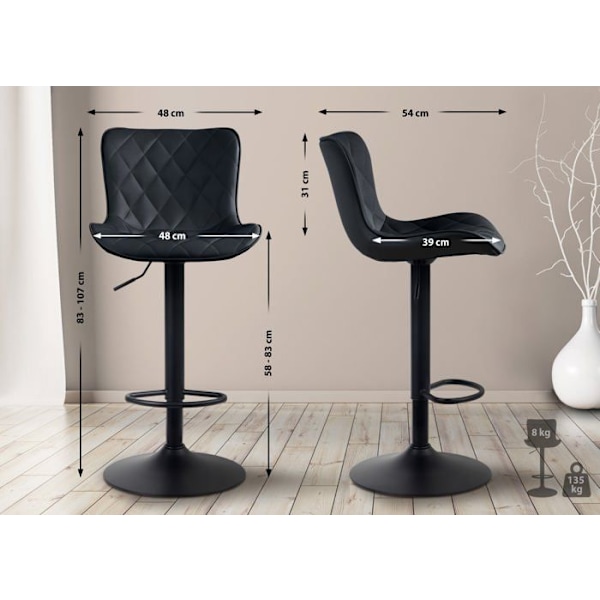 Barstol x1 dekorative syninger trumpetfod justerbar højden i sort metal sæde i sort PVC 10_0004855 Metall