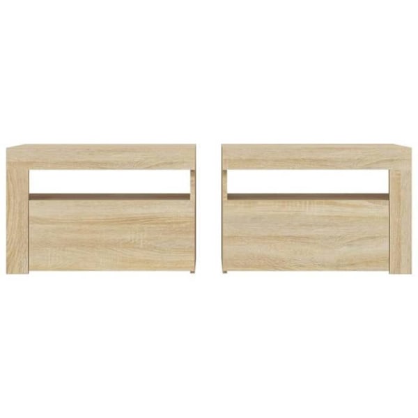 Sæt med 2 natborde med LED-lys og skab med dør 60 x 35 x 40 cm ingeniørtræ farve eg DEC034839 kastanj