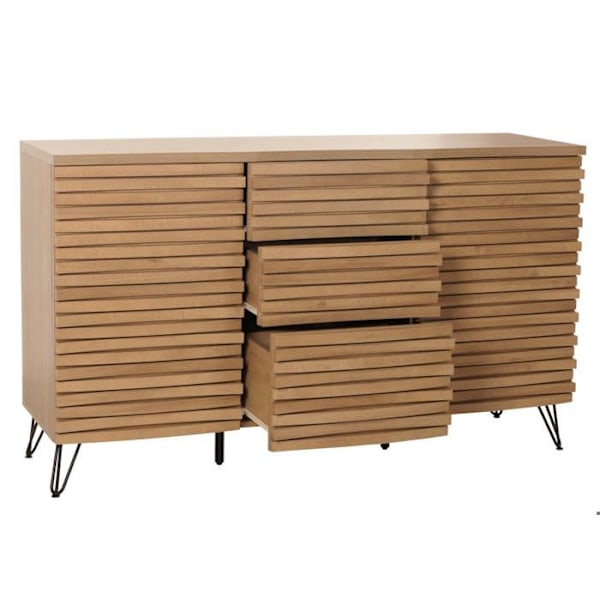 Buffet, jossa on 2 ovea, 4 säilytysosaa ja 3 laatikkoa, massiivipuusta mangoa ja metallia, 85x142x44 cm 04_0006001 kastanj