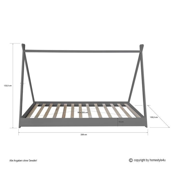 Lit til børn tipi indisk telt 90 x 200 cm i grå træ med stof og madras LIT06202