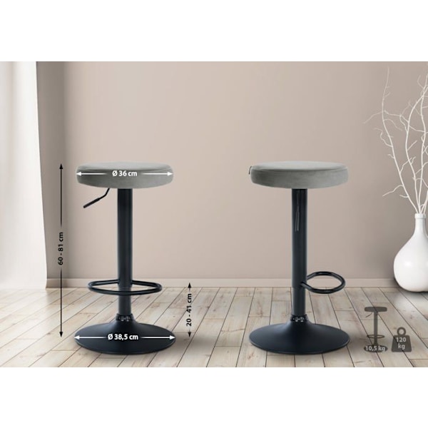 Barstol x1 simpel design, justerbar højde, grå velourbetræk, sorte metalben 10_0005353 Grå