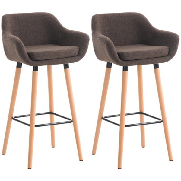 Set av 2 lounge barstolar i skandinavisk design med sits i brunt tyg, ben i trä och fotstöd i metall 10_0004171 kastanj