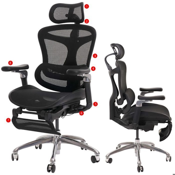Drejebar kontorstol med ergonomisk lændestøtte, foldbar fodstøtte og justerbare armlæn, sort mesh 04_00062 Svart