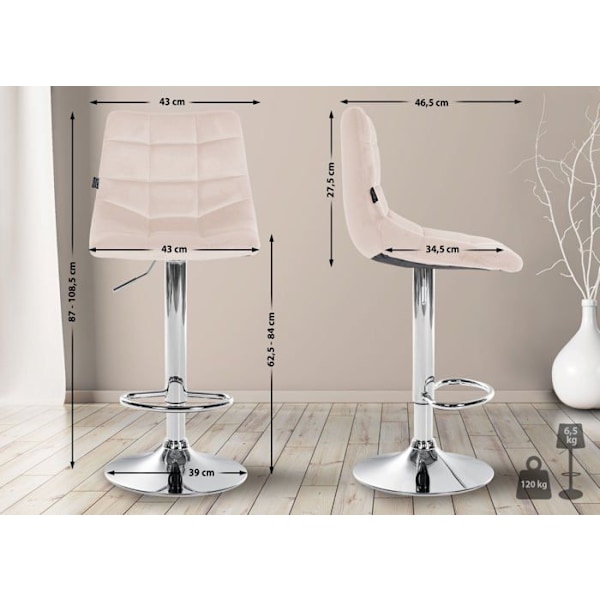 2 kpl beige samettibarstoolia, kromipohja, korkeussäädettävä ja jalatuki TDB10629 Beige