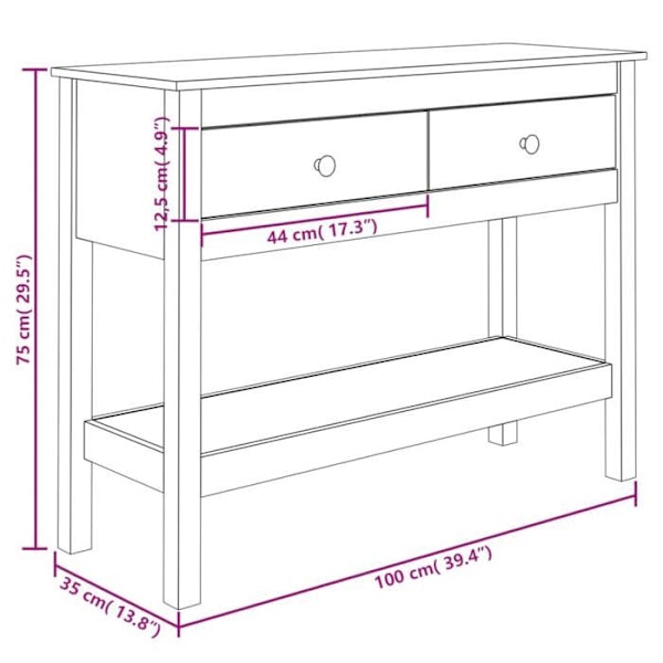 Praktiskt konsolbord med förvaringslådor 100 x 35 x 75 cm i vitt furu DEC031676 Vit