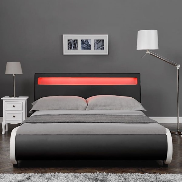 Dobbeltseng - Ikke specificeret - 180x200 cm - Sort syntetisk læder - LED-belysning - 2 personer svart med vit kant