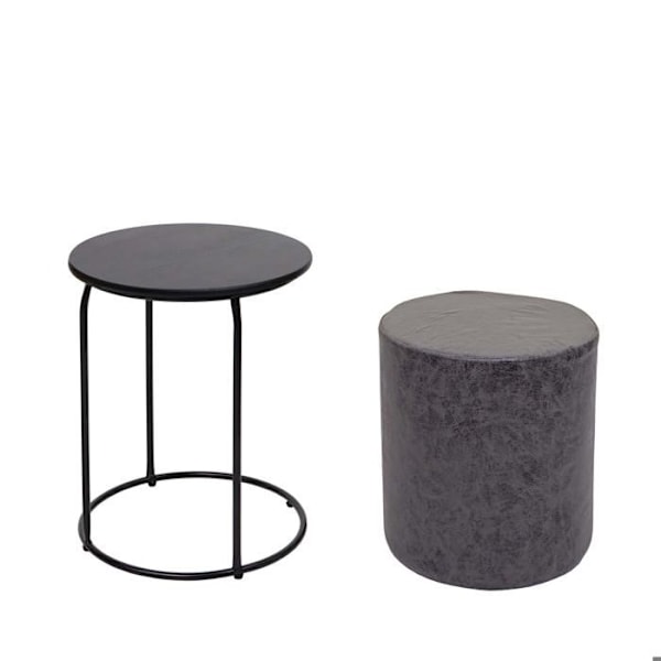 Set taburettabell, sidobord, fotstöd, MDF PVC antracit och svart metall 04_0007478 Metall