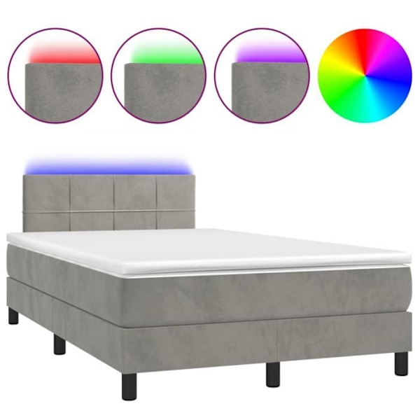 LED sängram med sammets huvudgavel madrass overmadrass 120 x 200 ljusgrå tyg