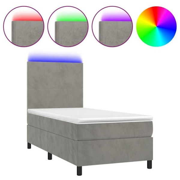 LED-sängram med silkesgavel, madrass och övermadrass 100 x 200 ljusgrå sammet Ljusgrått