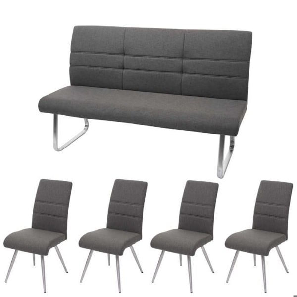 Set med 4 matstolar + bänk 160 cm i gråbrun tyg och rostfritt stål 04_0007588 Grå