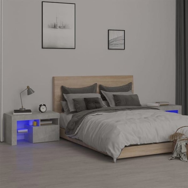 Sæt med 2 natborde med LED-lys og opbevaringsrum med dør 70 x 36,5 x 40 cm, grå ingeniørtræ DEC03530 kastanj