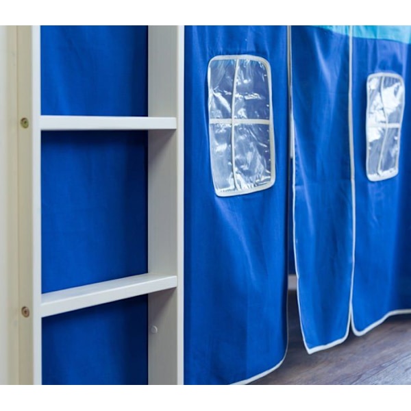 Lyst mezzanin - MARKE - 90x200cm - Hvidt træ - Vendbar stige - Blåt lærred og tunnel
