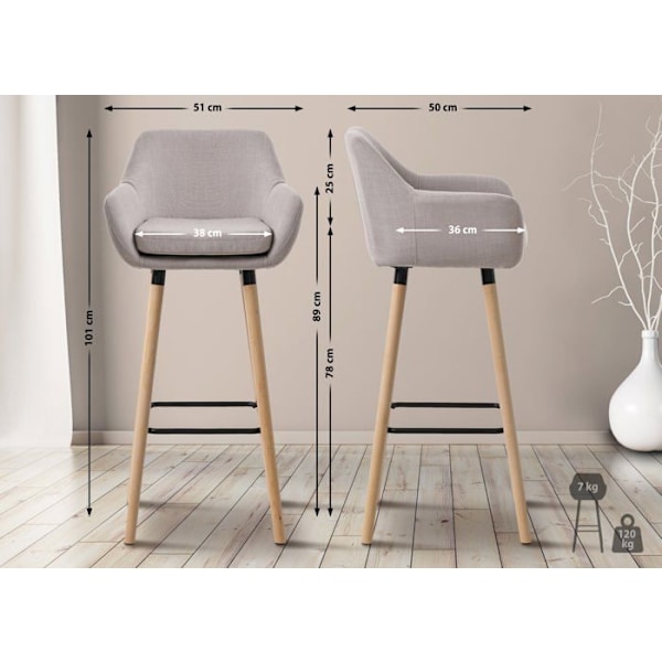 Sæt med 2 lounge barstole i skandinavisk design, sæde i taupe stof, ben i træ, fodstøtte i metal 10_0004173 kastanj