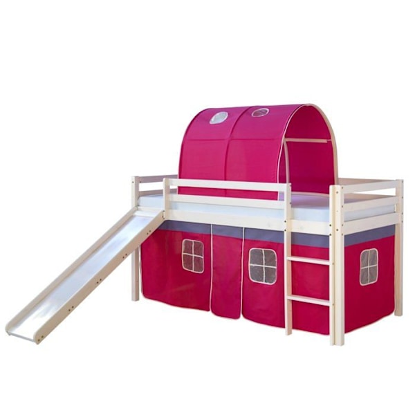 Lit mezzanine til børn med rutsjebanemadrass, tunnel og gardin, model mørk rosa 90x200 cm LIT06188