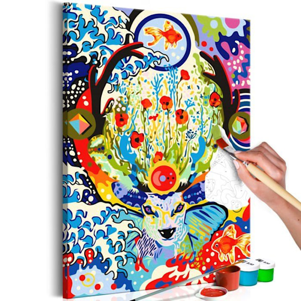Malerisk selv, maleri efter numre, motiv med hjort og blomster 40 x 60.