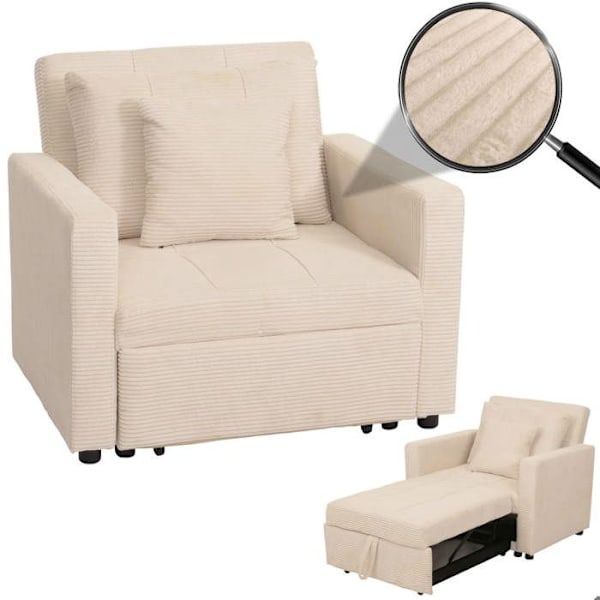 Sofa seng, ekstra seng, afslapningsstol med justerbart ryglæn, soveflade 197x100 cm, stof i fløjl, creme beige 04_0006252 Beige