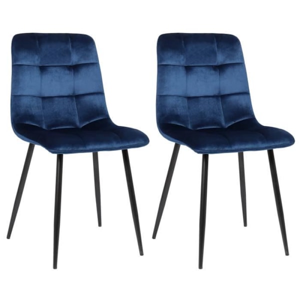 Set om 2 blå sammetsmatstolar med svarta mattmetallben i modern stil
