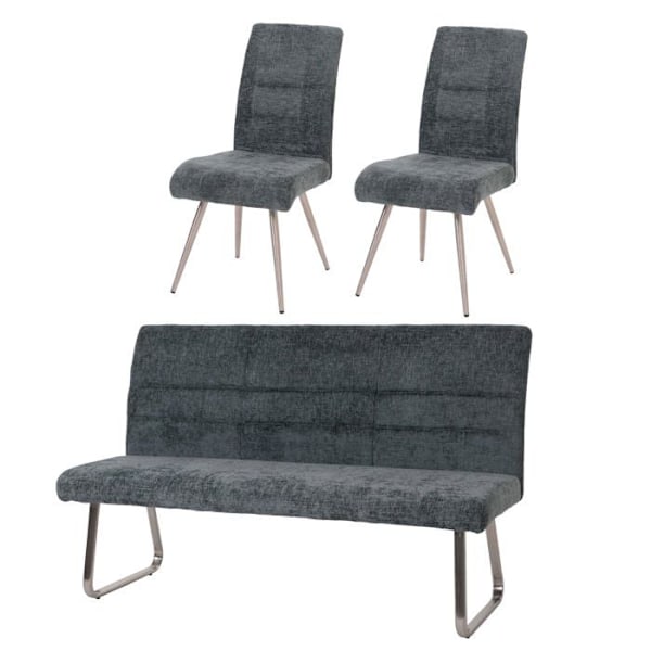 Set med 2 matstolar + bänk 180 cm rostfritt stål och blågrön chenilleväv 04_0008280 Blå