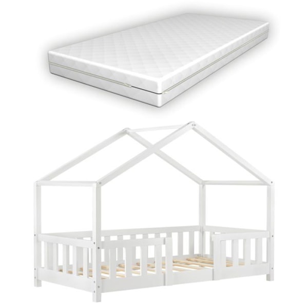 Säng för barn - Ej specificerat - Stuga Hus - Vit fur - 80x160 cm - Säkert med barriär