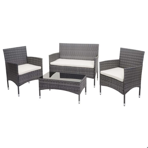 Salon de jardin til balkon i grå polyrotin med sofa, stole, bord og creme puder