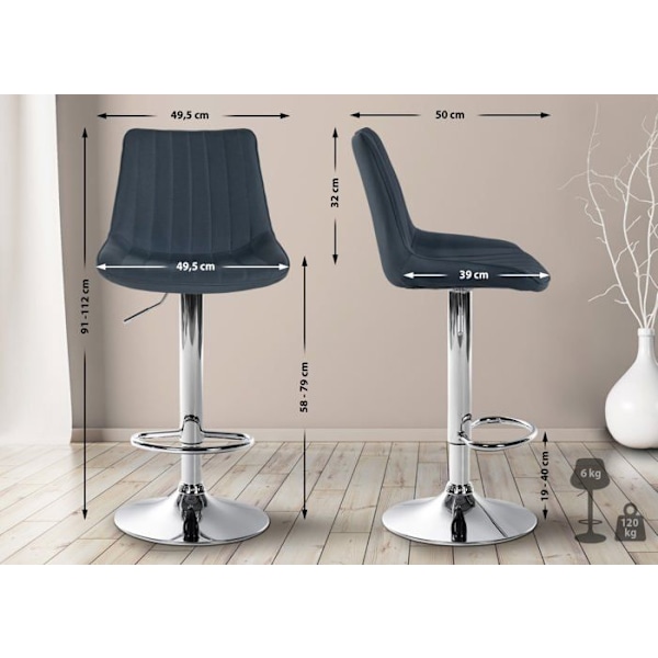 Bar stool x1 korkeussäädettävä 360° kääntyvä tummanharmaa kangasistuimella pystysaumalla metallijalka kromin näköinen 10_00 Grå