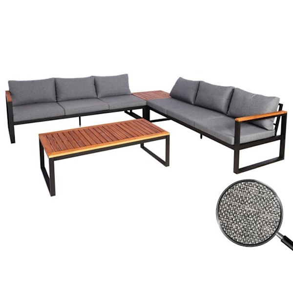 Salon de jardin sofa 6 pladser med bord i aluminium og akacietræ, mørkegrå puder 04_0008310 kastanj