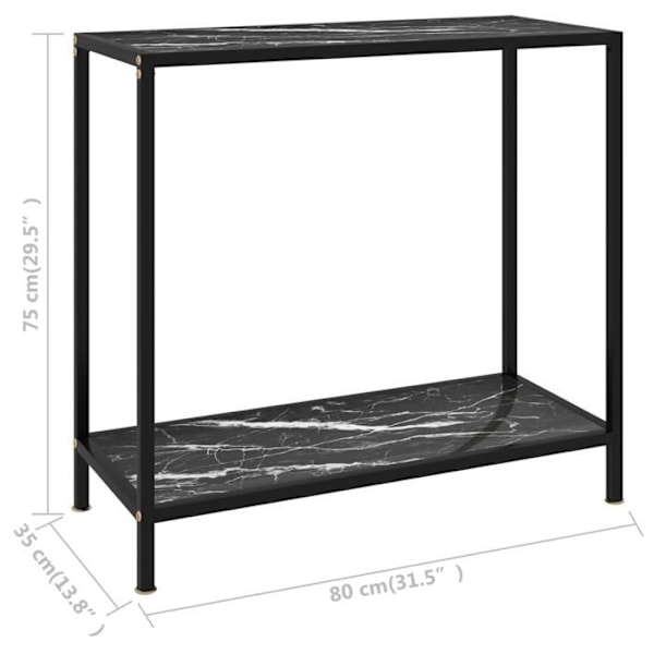 Funktionsdygtig konsolbord i stil med 80 x 35 x 75 cm i hærdet glas med marmorlook i sort og stål DEC032167 Svart