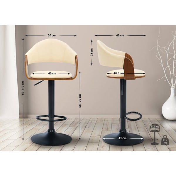 Retro chic design barstol med creme PVC sæde og valnødtræ, sort metal ben 10_0005291 kastanj