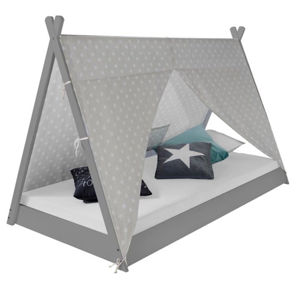 Lit til børn tipi indisk telt 90 x 200 cm i grå træ med stof og madras LIT06202