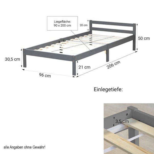 Yksinkertainen sänky 1 henkilölle, 90 x 200, harmaasta puusta, lamellimallia.