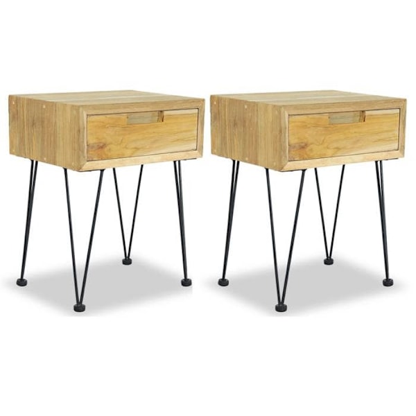 Sæt med 2 natborde med skuffe 40 x 30 x 50 cm massiv teak og smedet jern DEC034759 Guld