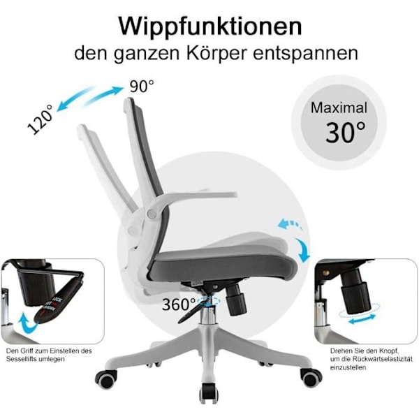 Ergonomisk kontorsstol med armstöd, gungmekanism i svart nät
