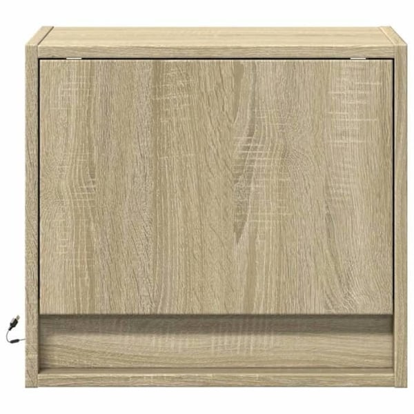 Væghængt natbord med LED-lys og skab med dør 45 x 31 x 40,5 cm i ingeniørtræ farve eg DEC034191 kastanj