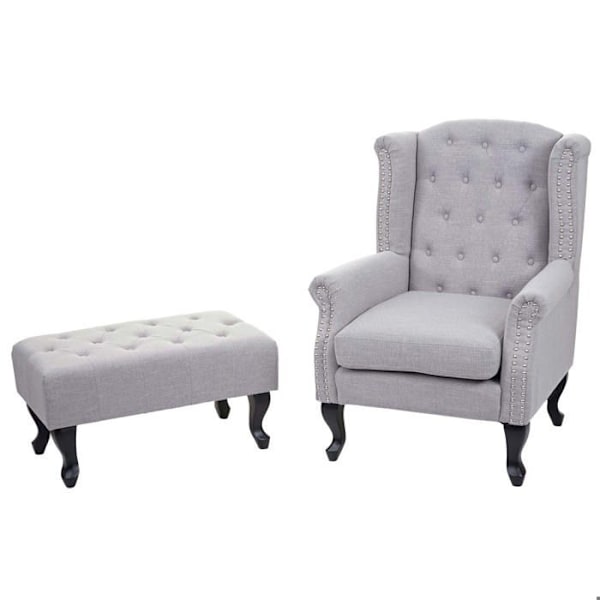 Chesterfield afslapningsstol klub i gråt stof/textil med fodskammel 04_0003082 Grå