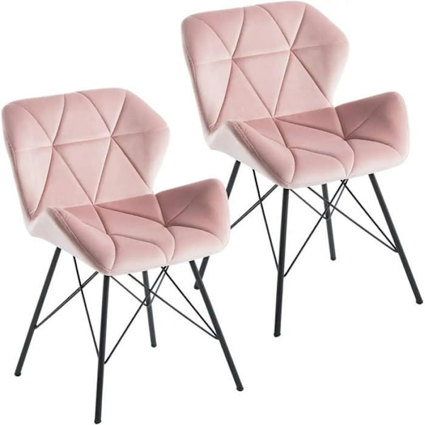 Set med 2 matstolar i rosa sammetsstof med triangelsömmar och metallben, designad av Eiffel.