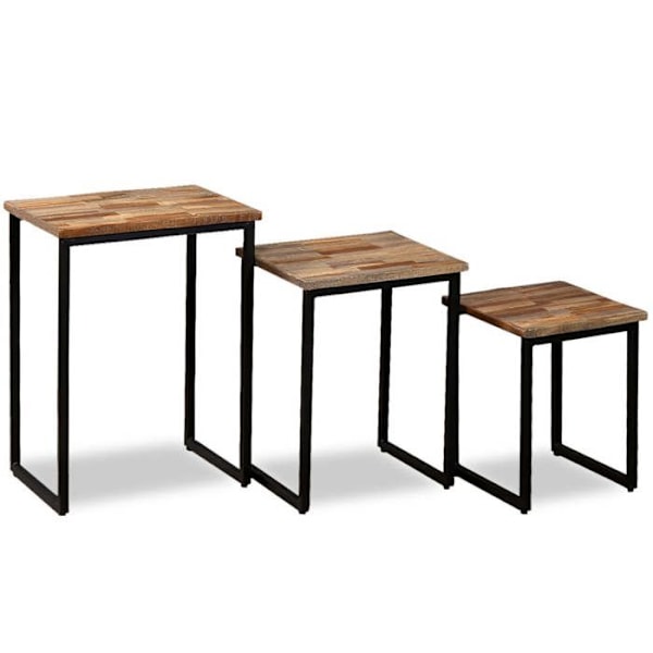 Set av tre stapelbara soffbord i massiv återvunnen teak och stål DEC031254 kastanj