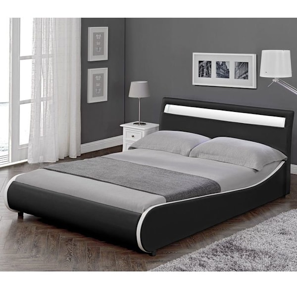 Dobbeltseng - Ikke specificeret - 180x200 cm - Sort syntetisk læder - LED-belysning - 2 personer svart med vit kant
