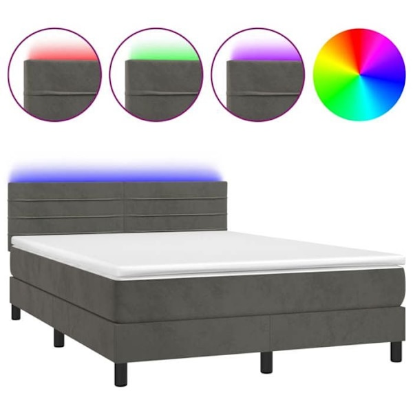 LED-patjasänky, jossa on silkki pääty, patja ja lisäpatja, 140 x 200, tummanharmaasta sametista kangasta