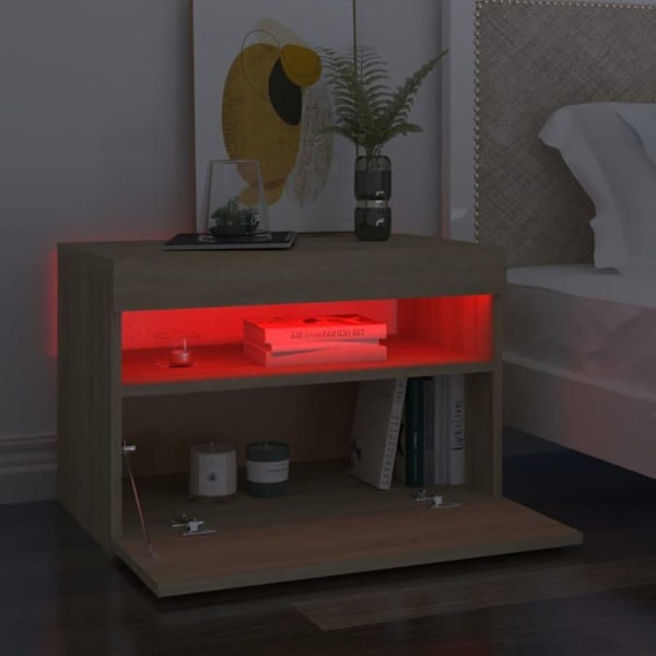 Sæt af 2 natborde med LED-lys og skab med dør 60 x 35 x 40 cm ingeniørtræ farve eg DEC036202 kastanj