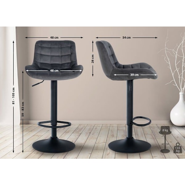 Barstol x1 sort metal sort, sæde i mørkegrå velour med stikninger 10_0005447 Grå