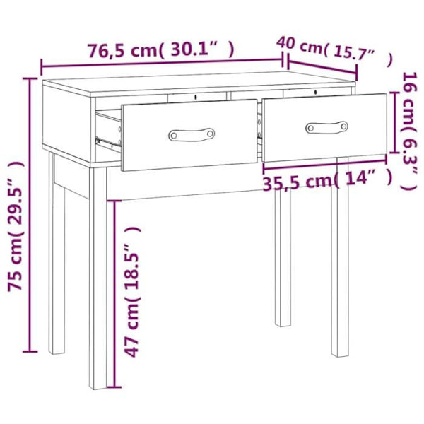 Moderni konsolipöytä eteiseen, apupöytä laatikoilla 76,5 x 40 x 75 cm, hunajapähkinäpinjakuitua DEC032052 kastanj
