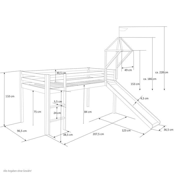 Lit mezzanine - LIT06176 - 90x200cm - Käännettävä tikas - Liukumäki mukana - Tähtitunneli Grå