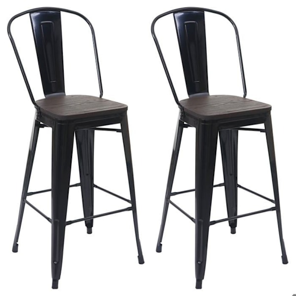Set med 2 barstolar med ryggstöd i trä, industridesign, svart metall