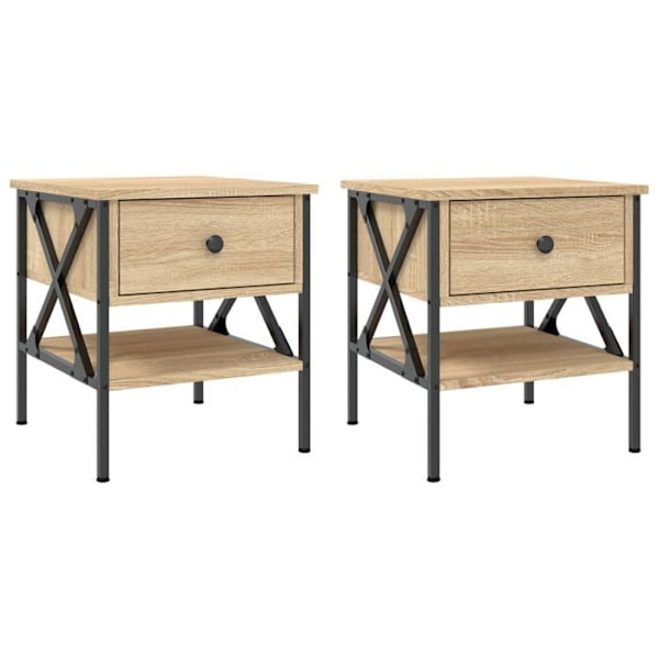 Set med 2 sängbord med låda och hylla 40 x 42 x 45 cm ingenjörsträ i ekfärg och järn DEC035282 kastanj