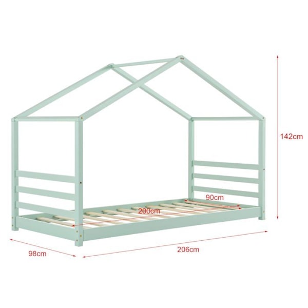 Børneseng - Hus - Fyr - 90x200 cm - Myntegrøn - Med slagger Mynta