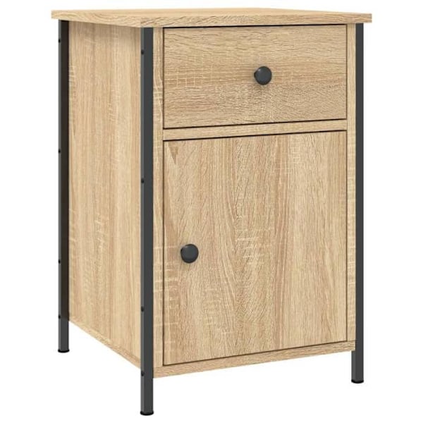 Yötaulukko, jossa on laatikko ja ovi-kompartimentti, mitat 40 x 42 x 60 cm, insinööri-puuta tammivärissä ja rautaa. DEC033870 kastanj